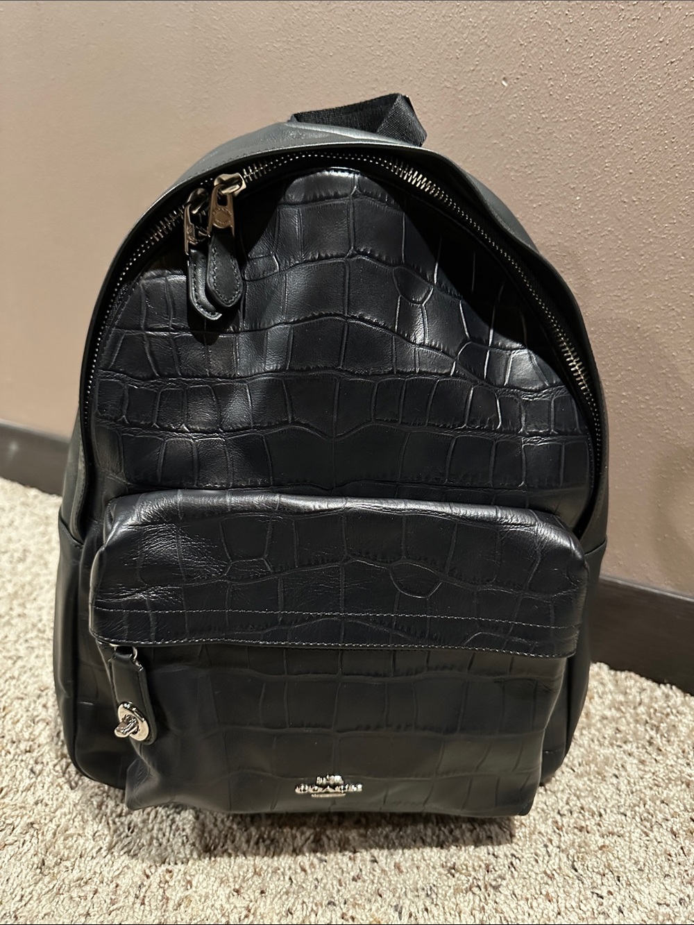 Coach Black Croc-Embossed Leather Backpack